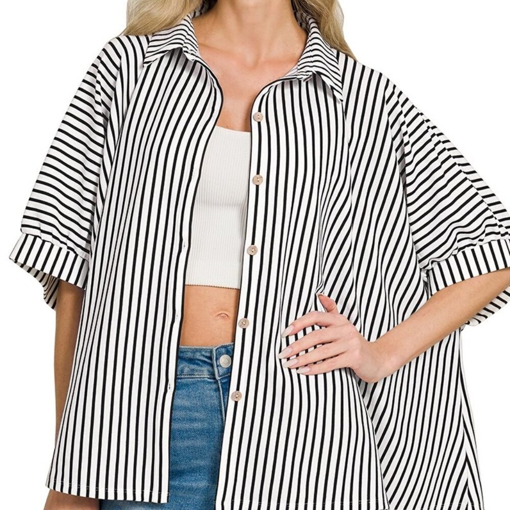 NWT Zenana Oversized Stripe Button Down Shirt – Bold Striped Blouse - Picture 3 of 3